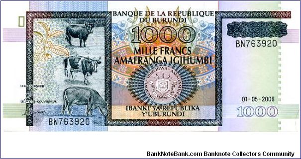 1000 Francs
Multi
Coffee plant, cows & coat of arms
A Prison
Security thread
Wtmrk Prince Rwagasore Banknote