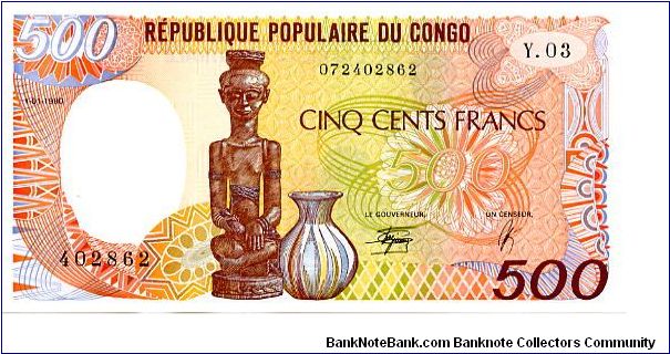 Republic Popular
500 Francs
Multi
Carving & jug 
Man carving mask 
Security thread
Wtmrk Statue Banknote
