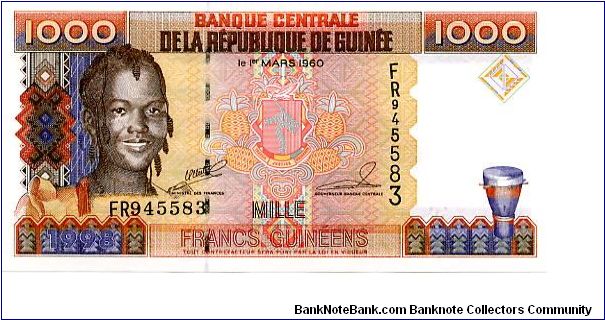 1000 Francs
Multi
Girls head, coat of arms & native drum 
Mining scene 
Security thread
Wtmrk Girls head Banknote
