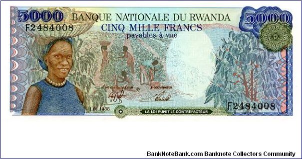 5000 Francs 
Multi
Coffee plantation harvesting scene
Banana trees & View of Lake Kivu
Wtmrk Antelope Banknote