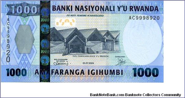 1000 Francs
Blue/Green
Rwanda National Museum
Monkey in the Parc des Volcans
Security thread
Wtmrk BNR logo Banknote