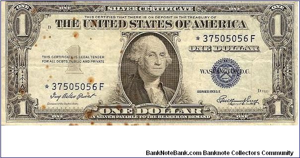 Silver Certificate; 1 dollar; Series 1935E (Priest/Humphrey)

Star note. Banknote