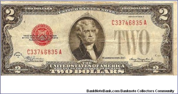 United States Note; 2 dollars; Series 1928D (Julian/Morgenthau) Banknote