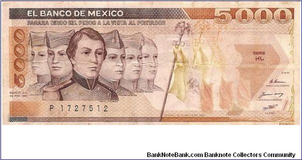 5000 pesos; February 24, 1987; Series HL Banknote