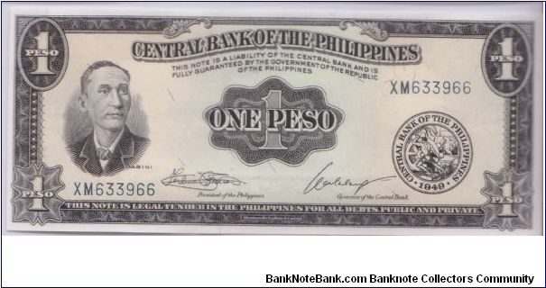 1949 CENTRAL BANK OF THE PHILIPPINES 1 PESO

P133h Banknote