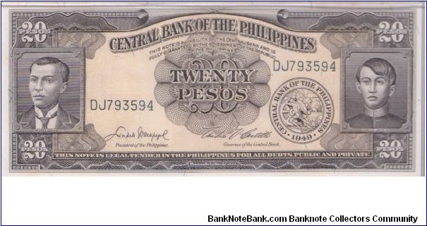 1949 CENTRAL BANK OF THE PHILIPPINES 20 PESOS


P137d Banknote