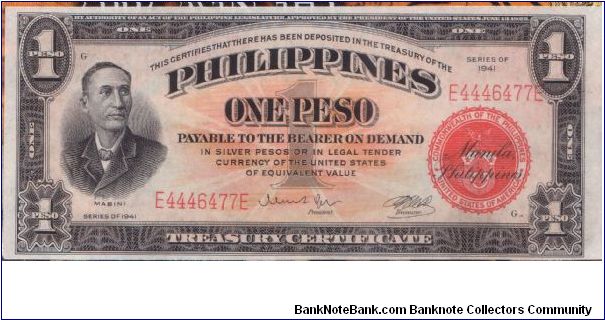 1941 PHILIPPINES TREASURY CERTIFICATE *RED SEAL* 1 PESO

(BRIGHT ORANGE REVERSE ON NTOE)

*SUPER SHARP NOTE* Banknote