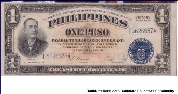 1949 PHILIPPINES TREASURY NOTE BLUE SEAL 1 PESO  VICTORY SERIES

THIS NOTE HAS *CENTRAL BANK OF THE PHILIPPINES* OVERPRINT AND ALSO HAS THE *VICTORY* OVERPRINT Banknote