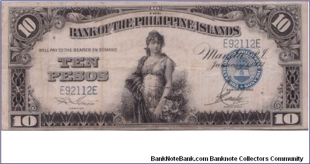 1933 BANK OF THE PHILIPPINE ISLANDS *BLUE SEAL* TEN PESOS Banknote