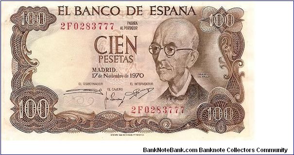 100 pesetas; Noverber 17, 1970 Banknote