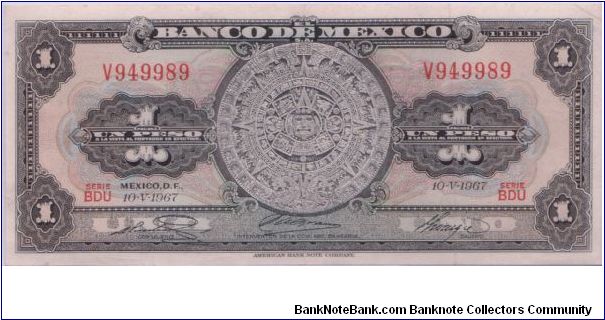 1967 BANCO DE MEXICO 1 *UNO* PESO

NICE DARK BLUE STAMPS ON REVERSE


P59j Banknote