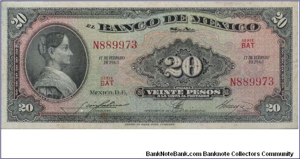 1965 BANCO DE MEXICO 20 *VENTE* PESOS

NICE PURPLE STAMPS ON REVERSE


P54i Banknote