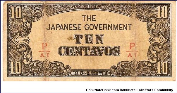 10 centavos; 1942

Japanese occupation note for use in Phillipines Banknote