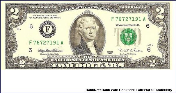 Federal Reserve Note; 2 dollars; Series 1995 (Withrow/Rubin) Banknote