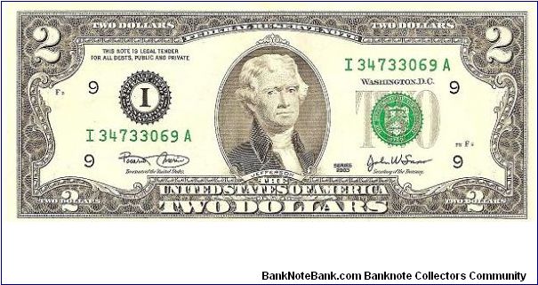 Federal Reserve Note; 2 dollars; Series 2003 (Marin/Snow) Banknote