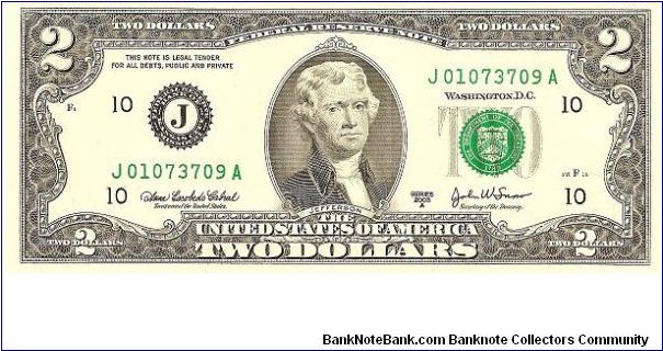 Federal Reserve Note; 2 dollars; Series 2003A (Cabral/Snow) Banknote