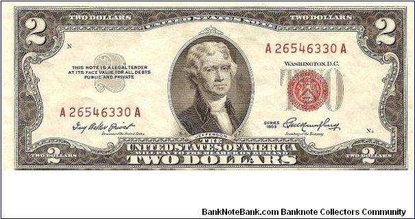 United States Note; 2 dollars; Series 1953 (Priest/Humphrey) Banknote