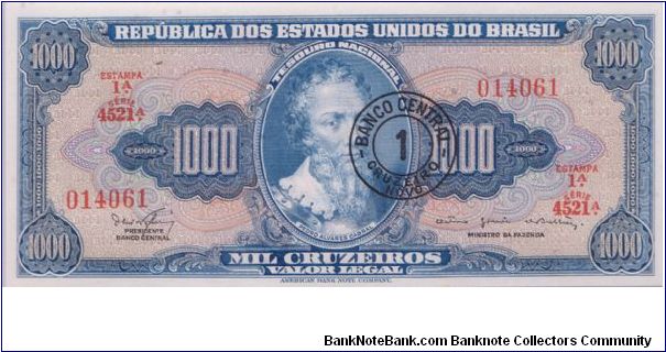 1967 REPBULICA DOS ESTADOS UNIDOS DO BRASIL 1000 *MIL* CRUZEIROS 

**NICE BLACK BANK STAMP 1 CRUZEIRO NOVO**


P187b Banknote