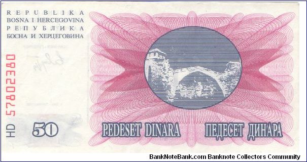 1992 BOSNIA 50 DINARA


P12b Banknote