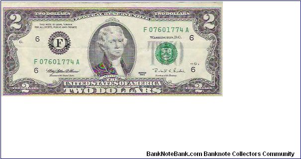 SERIE 1995

TWO DOLLARS

F 07601774 A Banknote