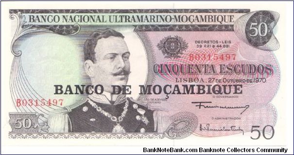 1976 **ND PROVISIONAL ISSUE**

50 *CINQUENTA* ESCUDOS

**BANCO DE MECAMBIQUE BLACK OVERPRINT**

P116 Banknote