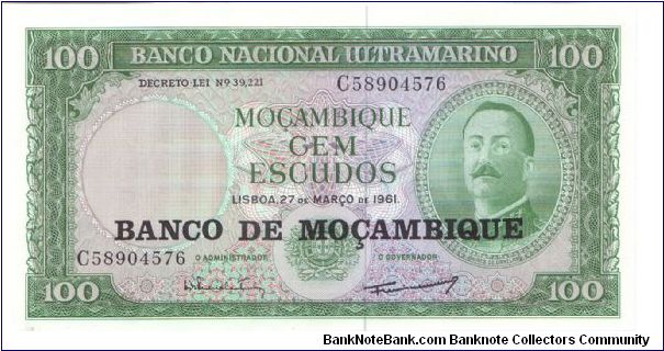 1976 **ND PROVISIONAL ISSUE**

100 *CEM* ESCUDOS

**BANCO DE MECAMBIQUE BLACK OVERPRINT**


P117a Banknote