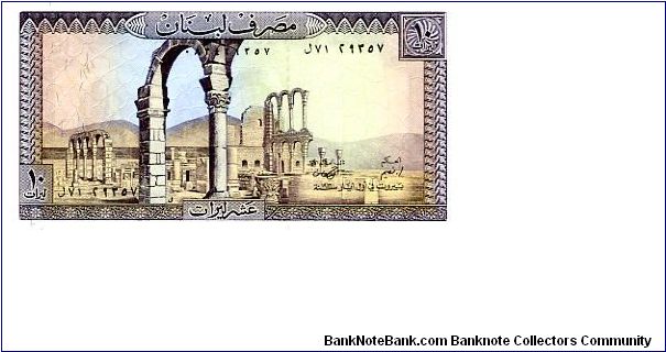 10 livres 
Purple 
Ruins of Anjar
Rocks at sea
Thomas De La Rue
Security thread
Wtrmk mans head Banknote