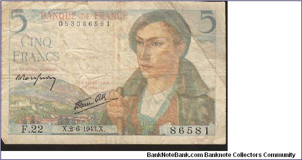 P98
5 Francs
A) Sign. P. Rousseau and R. Farve-Gilly 2.6.1943-5.4.1945 Banknote