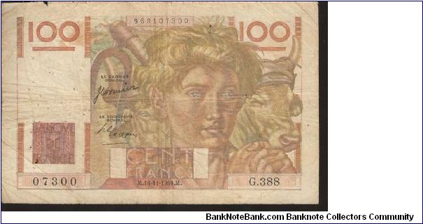 P128
100 francs
D) Sign. J. Cornnier and P.Gargam 29.6.1950-16.11.1950 Banknote