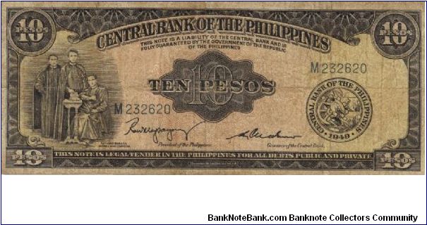 PI-136 Central Bank of the Philippines 10 Pesos note with RARE signature group 2. Banknote