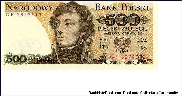 500 Zlotych 
Brown
T. Kosciuszko 
Arms and flag Banknote