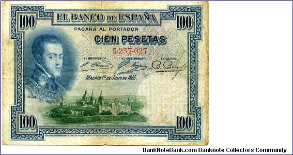 100 ptas
Blue/Green/Red
Felipe II & 
Retreat of Felippe II 
Wtrmk  Felippe II Banknote