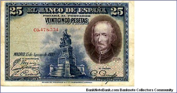 25 ptas
Blue/Purple
Monument of Calderón de la Barca in Madrid & Pedro Calderon 
Crosses of the Order of Santiago Painting of Domingo Muñoz La devoción de la 
Cruz
Wtrmk Woman's head Banknote