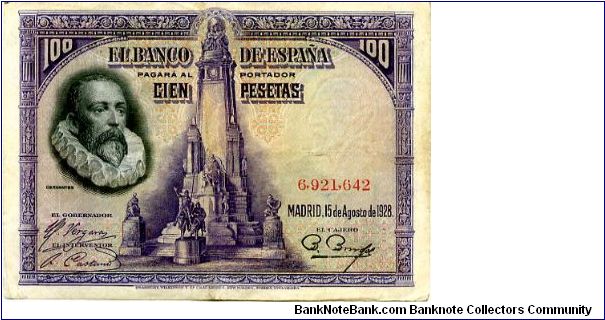 100 ptas
Purple/Gray/Blue
Miguel de Cervantes & Monument  
Painting of Don Quixote by Pidal Banknote