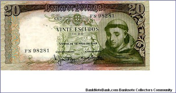 20 Escudos
Green/Pink
Saint Antonio of Padua
Church of Saint Antonio Lisbon
Wtrmk Saint Antonio Banknote