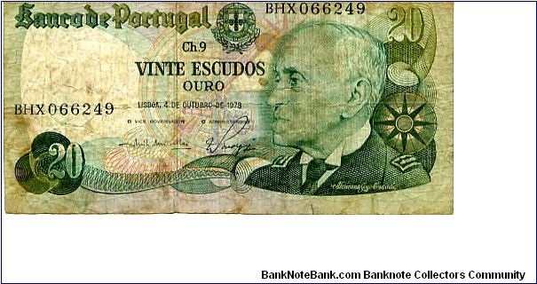 20 Escudos
Series BHX
Green/Blue
Admiral Gago Coutinho
1922 seaplane, Ship & Castle
Wtrmk  Admiral Coutinho Banknote