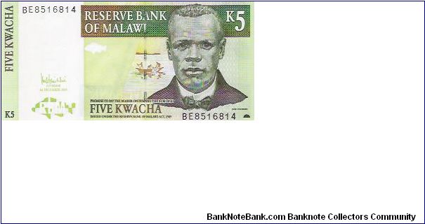 5 KWACHA

BE8516814

1st DECEMBER 2005

NEW 2005 Banknote
