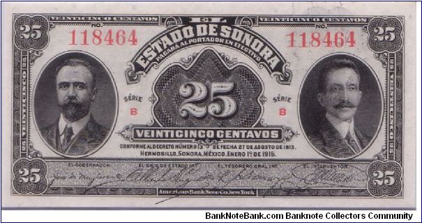 1915 EL ESTADO DE SONORA 25 *VEINTICINCO* CENTAVOS

(NICE BLACK STAMPS ON REVERSE)

S1069 Banknote