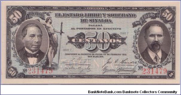 1915 EL ESTADO LIBRE Y SOBERANO DE SINALOA 50 *CINCTENTA* CENTAVOS

S1042 Banknote