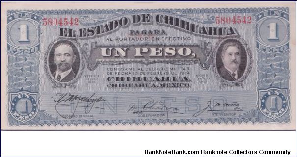 1915 EL ESTADO DE CHIHUAHUA 1 *UN* PESO


S530 Banknote