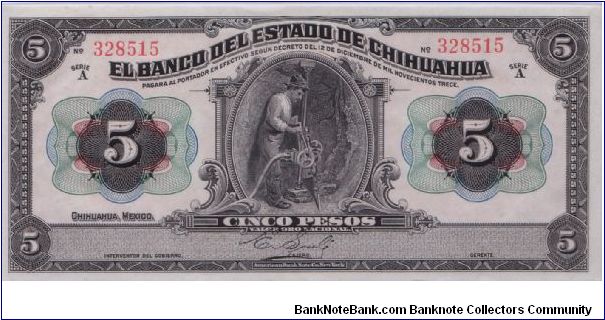 1913 EL BANCO DEL ESTADO DE CHIHUAHUA 5 *CINCO* PESOS


(SUPER CRISP, NICE BIGHT ORANGE REVERSE)


S132 Banknote
