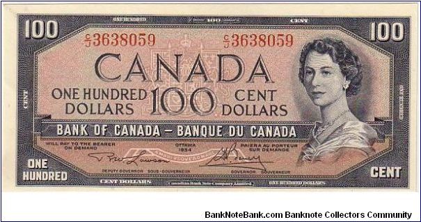 BANK OF CANADA-
 $100. PRINTING ERROR NOTE-EXTRA COLOURING AT THE REVERSE SIDE
C/J 3638059 Banknote