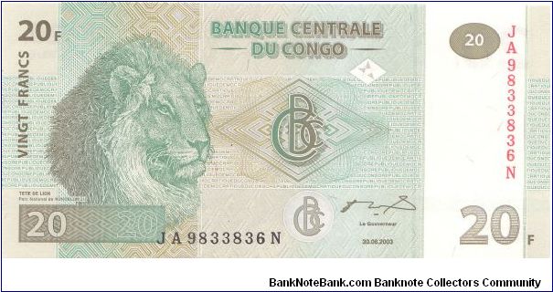 2003 BANQUE CENTRALE DU CONGO 20 *VINGT* FRANCS

P51 Banknote