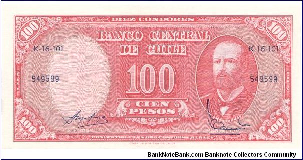 1960-61 ND BANCO CENTRAL DE CHILE 10 CENTESIMOS DE ESCUDO ON 100 *CIEN* PESOS NOTE

**OVERPRINT ON FRONT IS NOT ALIGNED PROPERLY**

P127a Banknote