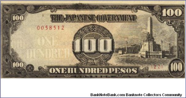 PI-112 Rare Philippine 100 Pesos note under Japan rule, low serial number in series, scarce plate number, 3 - 10. Banknote