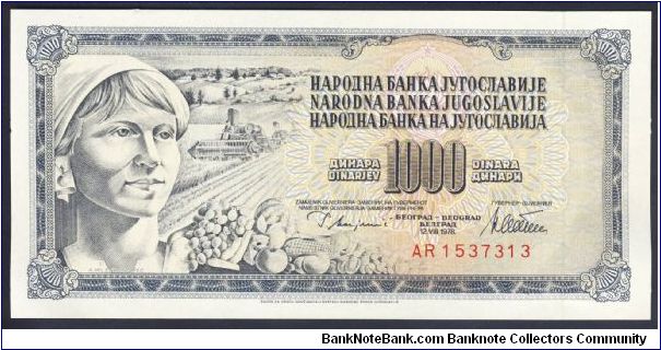 Yugoslavia 1000 Dinara 1978 P92. Banknote