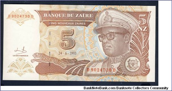 Zaire (Congo) 5 New Zaires 1993 P53 Banknote