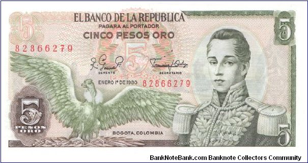 1980 EL BANCO DE LA REPUBLICA 5 *CINCO* PESOS ORO

P406f Banknote