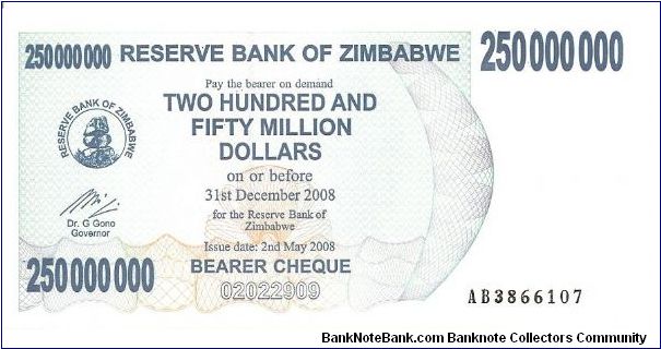 Bearer cheque; 250,000,000 dollars; May 2, 2008 Banknote