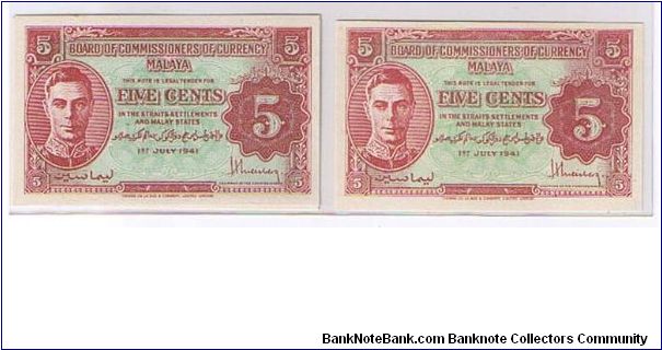 MALAYA-1942- 
5CENTS Banknote